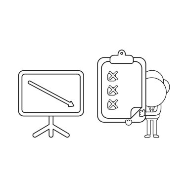 Satış grafiği oku aşağı hareket eden vektör işadamı karakteri 