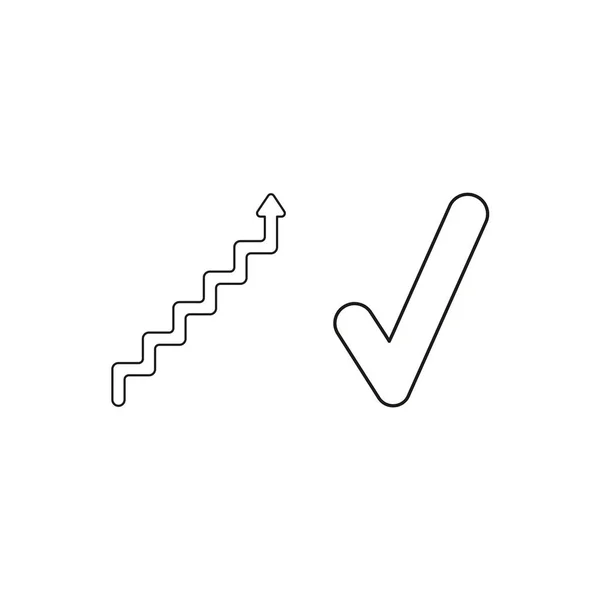Icono vectorial concepto de escaleras con flecha hacia arriba con marca de verificación. Bla. — Vector de stock