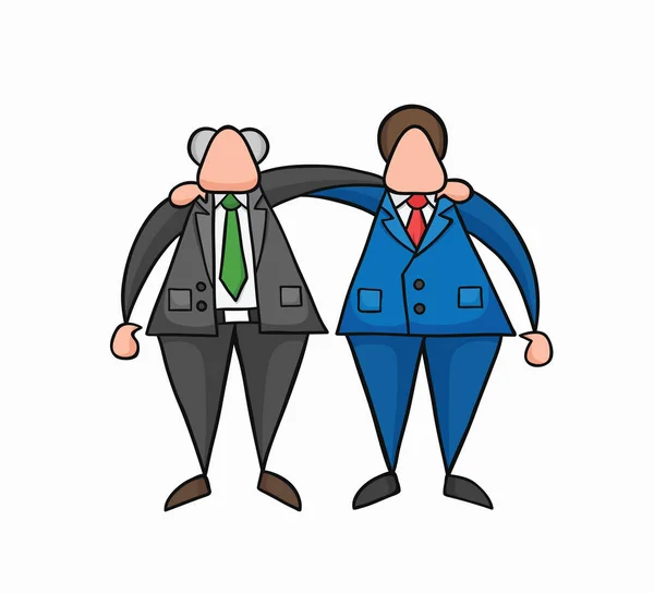 Hand-drawn vector happy boss and businessman worker hugging each — Stock Vector
