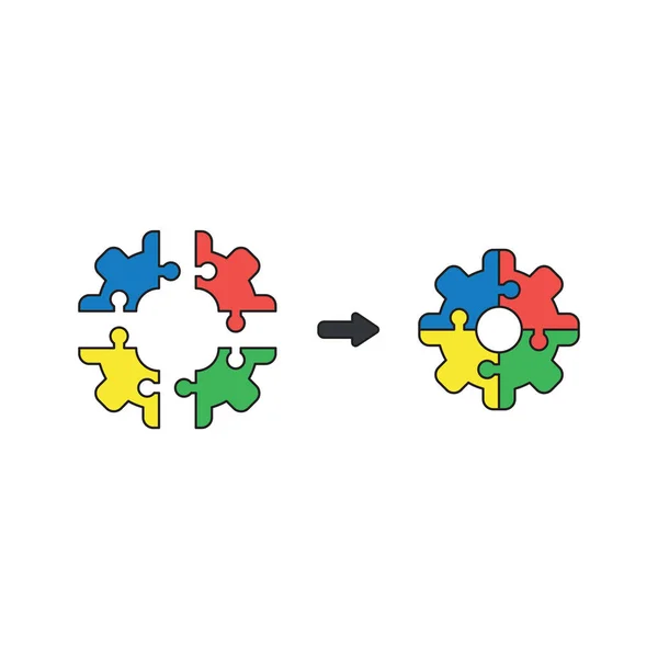 Concetto di icona vettoriale di pezzi puzzle a forma di ingranaggio di collegamento . — Vettoriale Stock