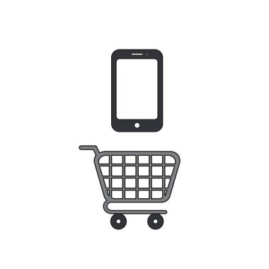 Alışveriş sepeti üzerinde akıllı telefon Vektör simgesi kavramı. Siyah outl