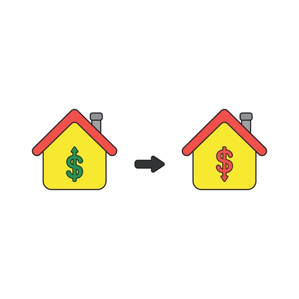 Icona vettoriale concetto di casa con simboli dollaro e frecce movi — Vettoriale Stock