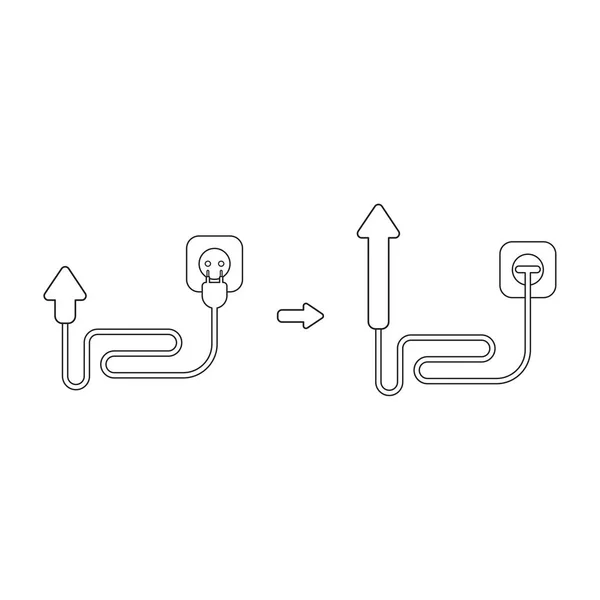 Concepto de icono vectorial de flecha con cable, enchufe y enchufado en o — Vector de stock