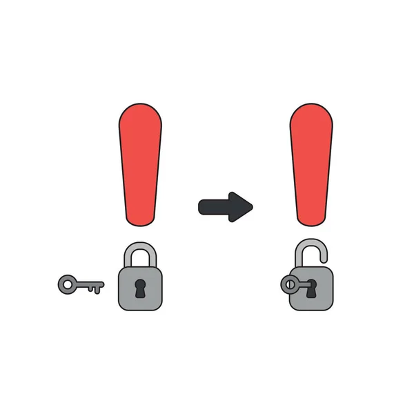 Vector icon concept of exclamation mark with padlock and key unl — Stock Vector