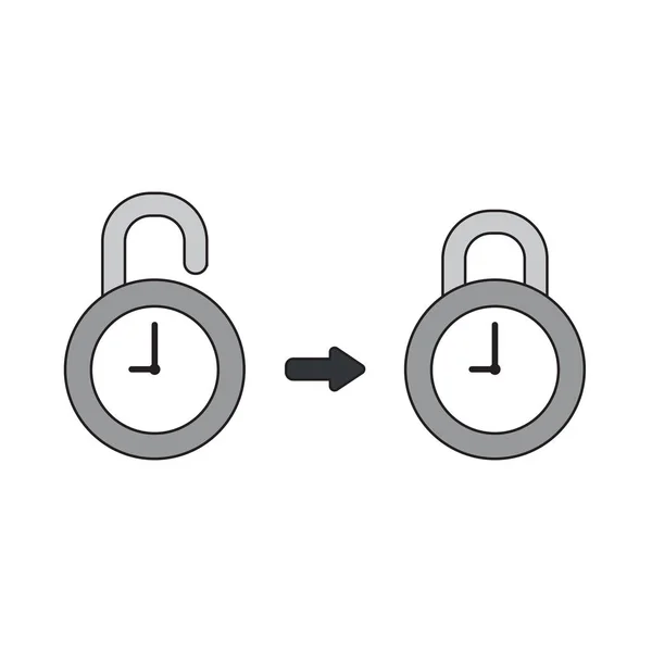 Ikona wektor koncepcja otwartych, zamkniętych kłódek zegara. — Wektor stockowy