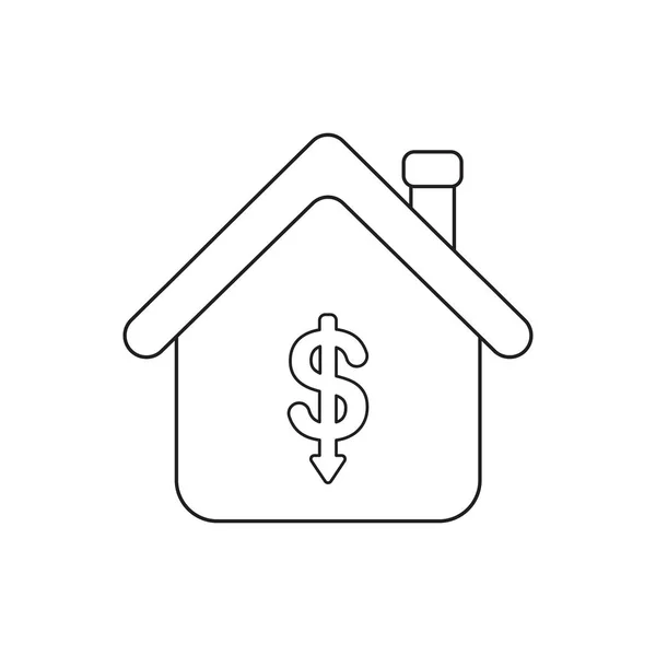 Icona vettoriale concetto di freccia del dollaro che si muove verso il basso all'interno della casa . — Vettoriale Stock