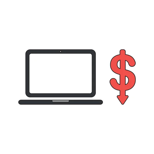 Concepto de icono vectorial de ordenador portátil con flecha símbolo del dólar — Vector de stock