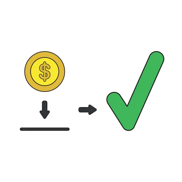 Vector icon concept of dollar coin inside moneybox hole and chec — Stock Vector