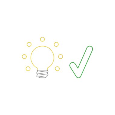Onay işareti ile parlayan ampul vektör simgesi kavramı.