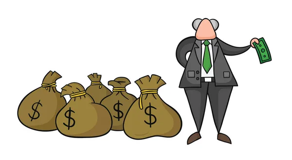 Hand-drawn vector illustration of boss with dollar money sacks a — Stock Vector