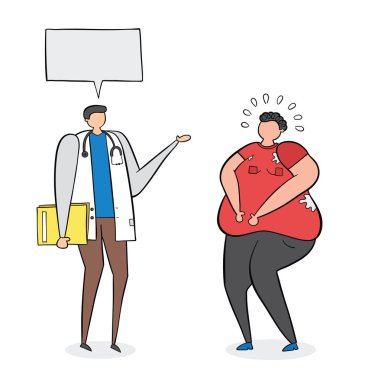 Diyetisyen şişman adam ile konuşan, el-çizilmiş vektör illüstrasyon. 