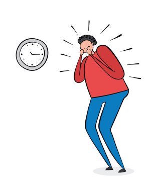 Adam saate bakıyor ve çok stresli, el çizilmiş