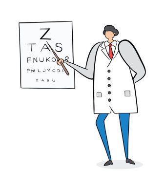 Göz grafiğinde harfler gösteren Oftalmolog, el çizimi vektör 