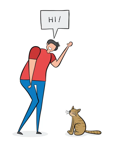 Adam zegt hallo aan de kat, hand getekende vector illustratie. Zwart o — Stockvector