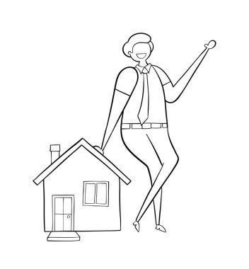 Emlakçı ev, elle çizilmiş vektör illüstrasyon eğilerek. Bayrak 