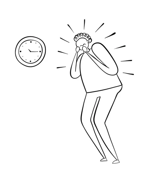 L'homme regarde l'horloge et est très stressé, dessiné à la main — Image vectorielle