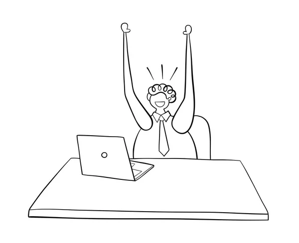 Obchodník pracující na počítači a šťastný, ručně kreslené vektory — Stockový vektor