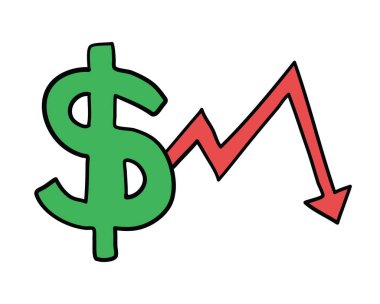 Aşağı doğru hareket eden oklu doların vektör el çizimi çizimi.