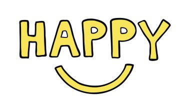 Gülümseyen ağız ile mutlu kelime vektör el çizilmiş Illustration.
