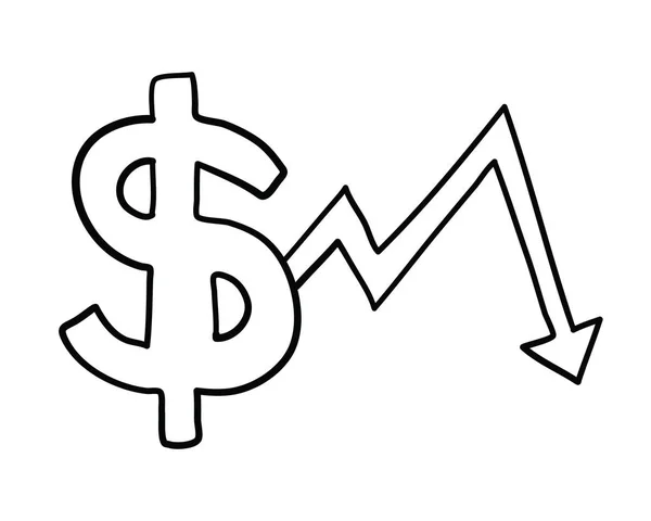 Vector ilustración dibujada a mano del dólar con flecha moviéndose hacia abajo . — Archivo Imágenes Vectoriales