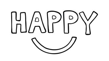 Gülümseyen ağız ile mutlu kelime vektör el çizilmiş Illustration.