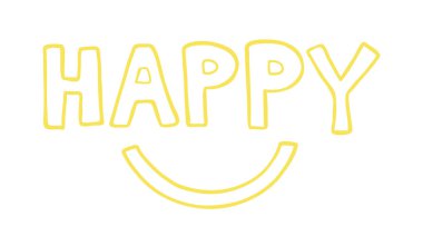 Gülümseyen ağız ile mutlu kelime vektör el çizilmiş Illustration.