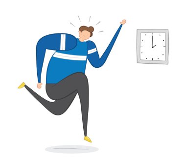 Adam geç ve çalışan, el çizilmiş vektör illüstrasyon. 