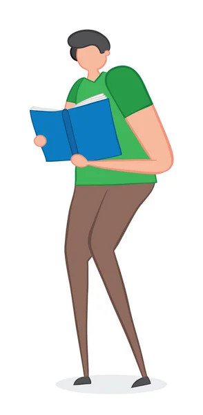 Hombre de pie y libro de lectura, ilustración vectorial dibujado a mano . — Vector de stock