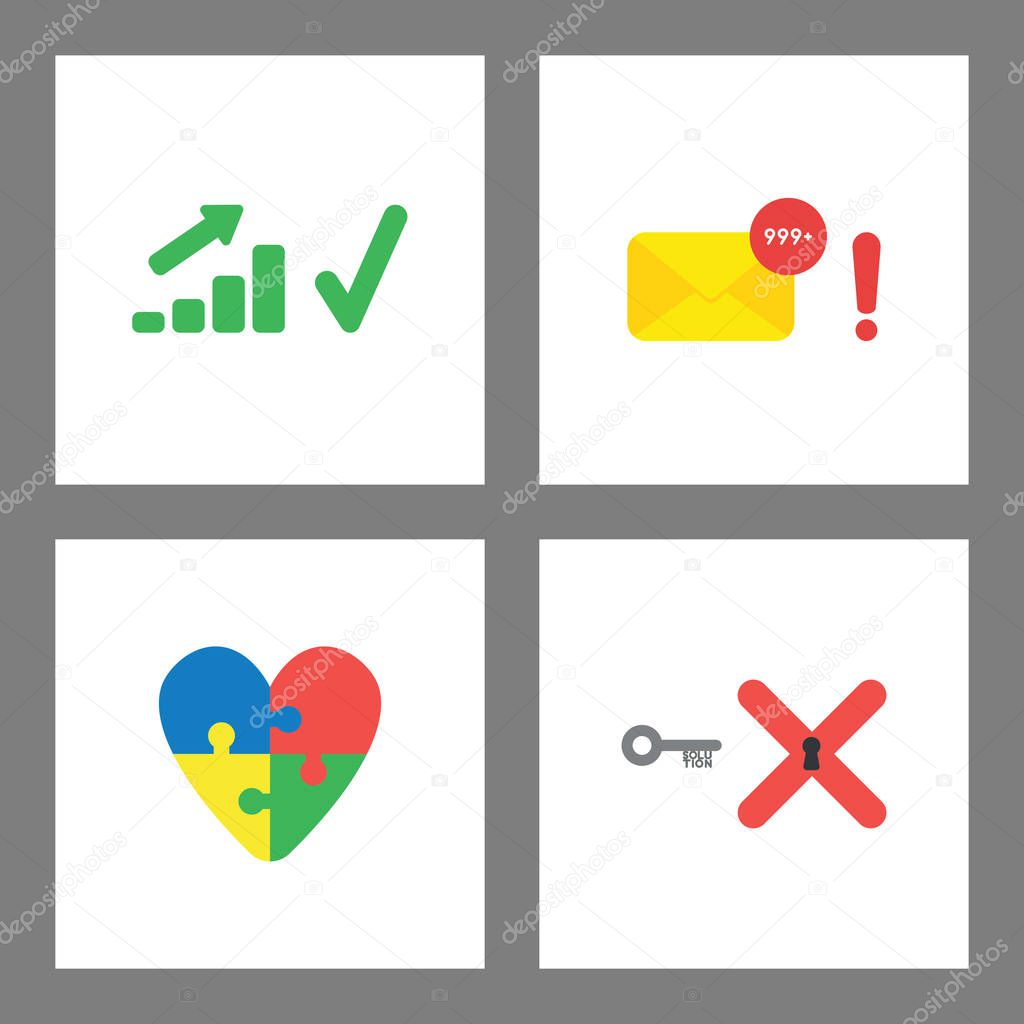 Icon concept set. Sales chart up, spam emails, heart puzzle, sol
