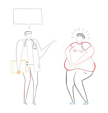 Diyetisyen şişman adam ile konuşan, el-çizilmiş vektör illüstrasyon.