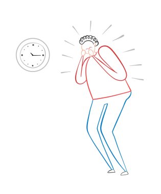 Adam saate bakıyor ve çok stresli, el çizilmiş