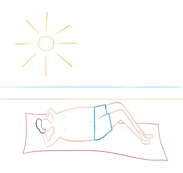 Man liggande på stranden, handritade vektor illustration. — Stock vektor