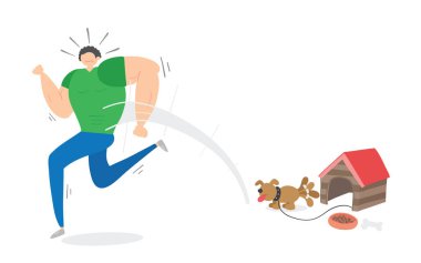 Kas adam küçük köpek korkuyor ve kaçmak, el çizilmiş ve