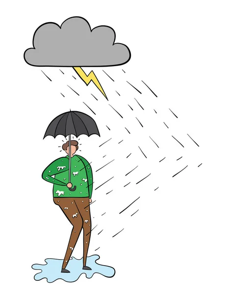 Yağmur yağıyor ve adam umbrel açsa bile ıslanıyor. — Stok Vektör