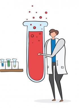 Bilim adamı büyük test tüpü tutan ve deney yapıyor.
