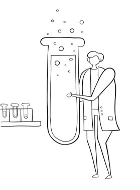 Bilim adamı büyük test tüpü tutan ve deney yapıyor.