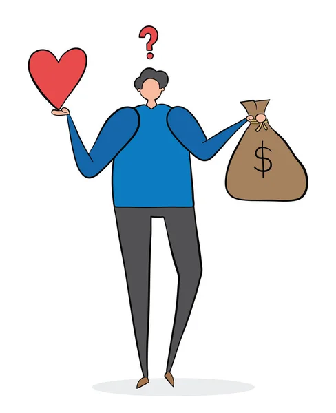 Confused man holding heart and a sack of money. — Stock Vector