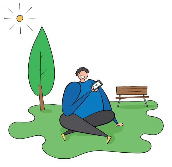 L'homme est assis sur l'herbe dans le parc, le temps est ensoleillé — Image vectorielle