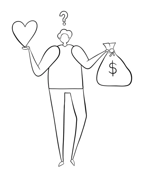 Confundido hombre sosteniendo el corazón y un saco de dinero . — Vector de stock