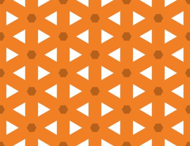 Dikişsiz geometrik desen. Turuncu arka plan üzerinde şekilli kahverengi altıgenler ve beyaz üçgen.