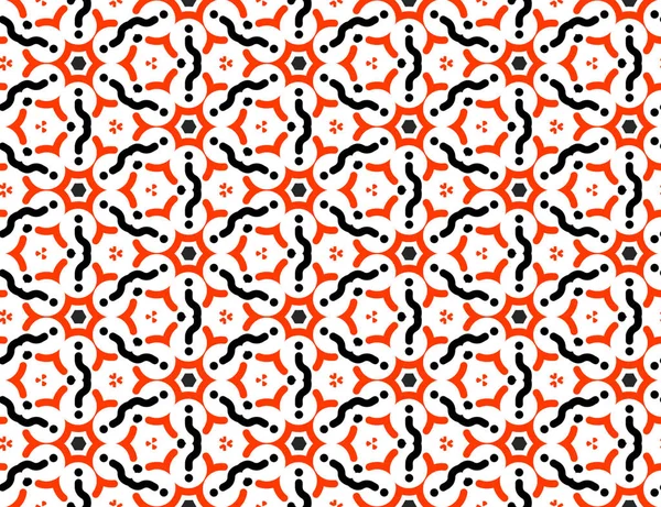Dikişsiz geometrik desen. Kırmızı, siyah dalgalı çizgiler, whi üzerinde şekiller — Stok fotoğraf