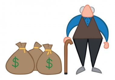 Vektör illüstrasyon dolar para çuvalları ile yaşlı adam. Elle çizilmiş.
