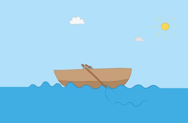 Denizde Vektör illüstrasyon ahşap tekne. Elle çizilmiş. 
