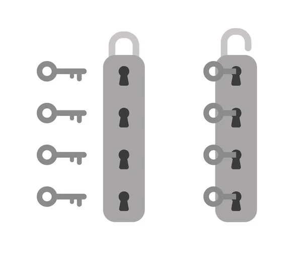 Vector icon set of padlock with four keyholes and keys and unloc — Stock Vector