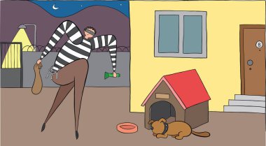 Geceleri köpek uyuyor ve hırsız içeri girmeye çalışıyor.