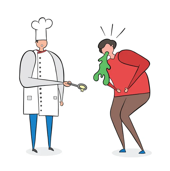 De kok heeft slecht eten gekookt en de man Brakt. Vector Illustra — Stockvector