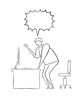 Adam bilgisayar masasında ve sinirli bağırıyor. Vektör i