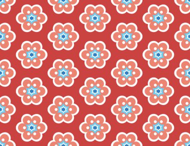 Vektörsüz geometrik desen. Mavili yıldızlar, şekilli çiçekler.