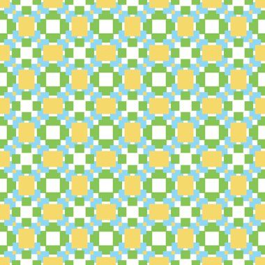 Geometrik şekilli kusursuz desenli vektör arkaplanı, sarı, yeşil, mavi ve beyaz renklerde..