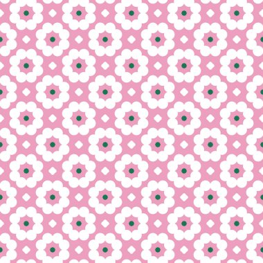 Geometrik şekilli, pembe, beyaz ve yeşil renklerle renklendirilmiş vektörsüz desen arkaplanı.